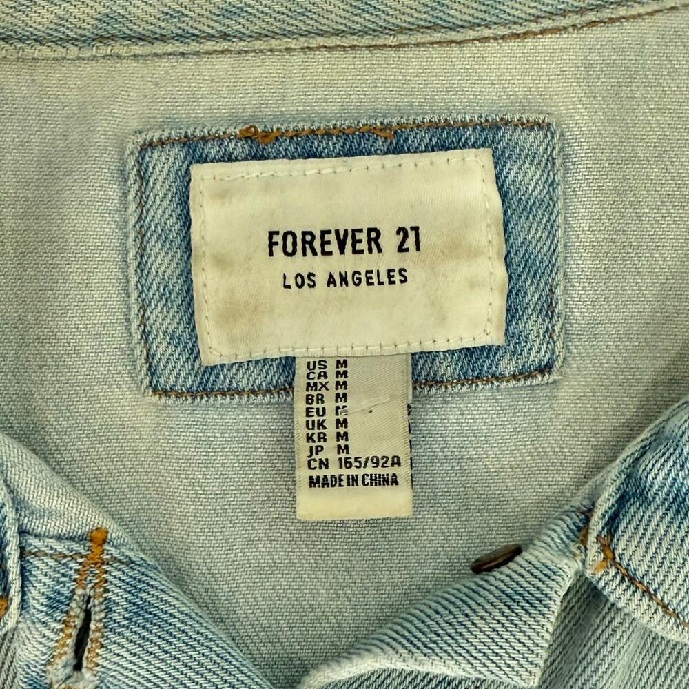 Forever 21 Blue Denim Pink Orange Floral Embroidered Distressed Jean Jacket sz M - Picture 6 of 11